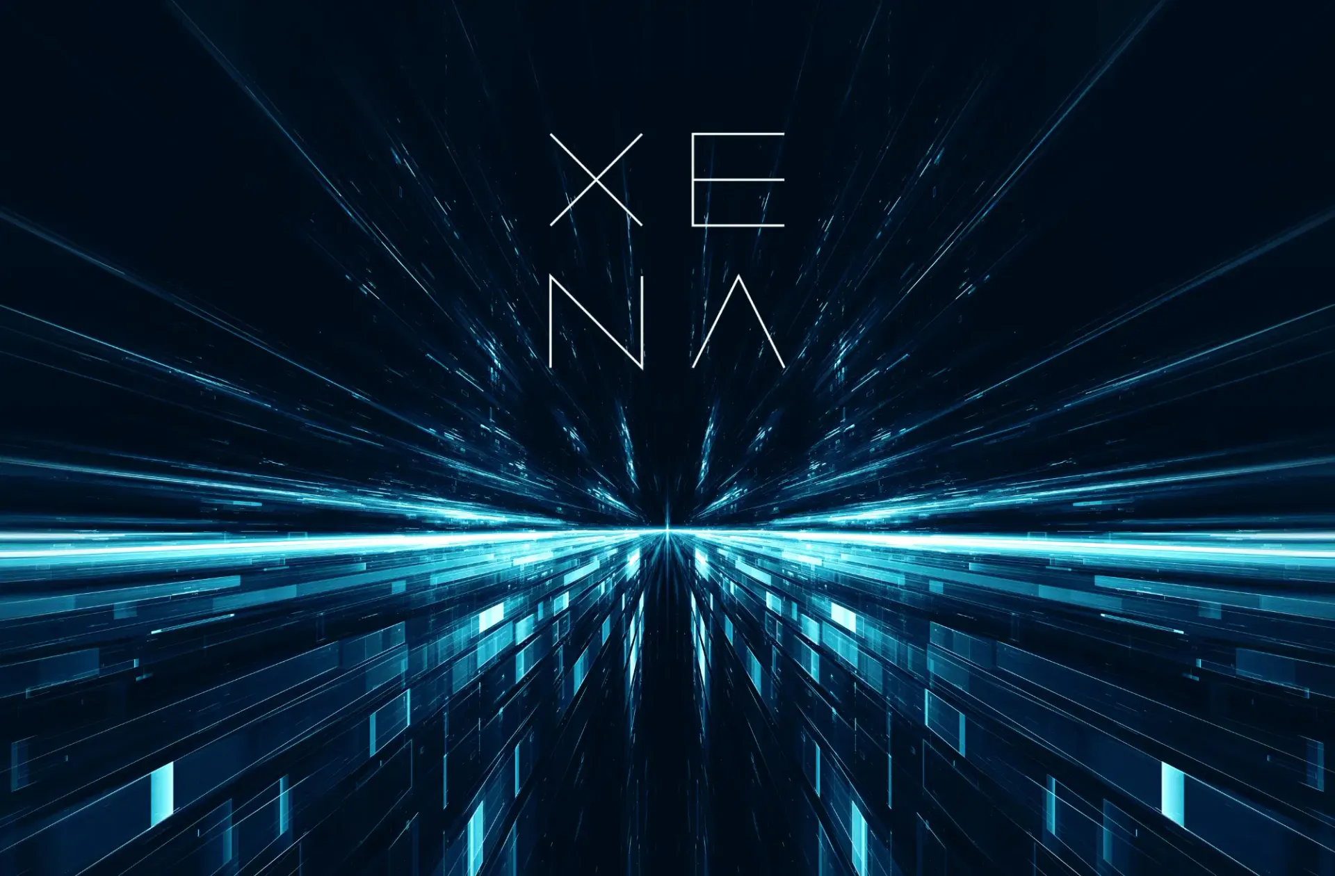 Faisceaux de lumière bleue convergeant vers un point de fuite, sous le logo XENA