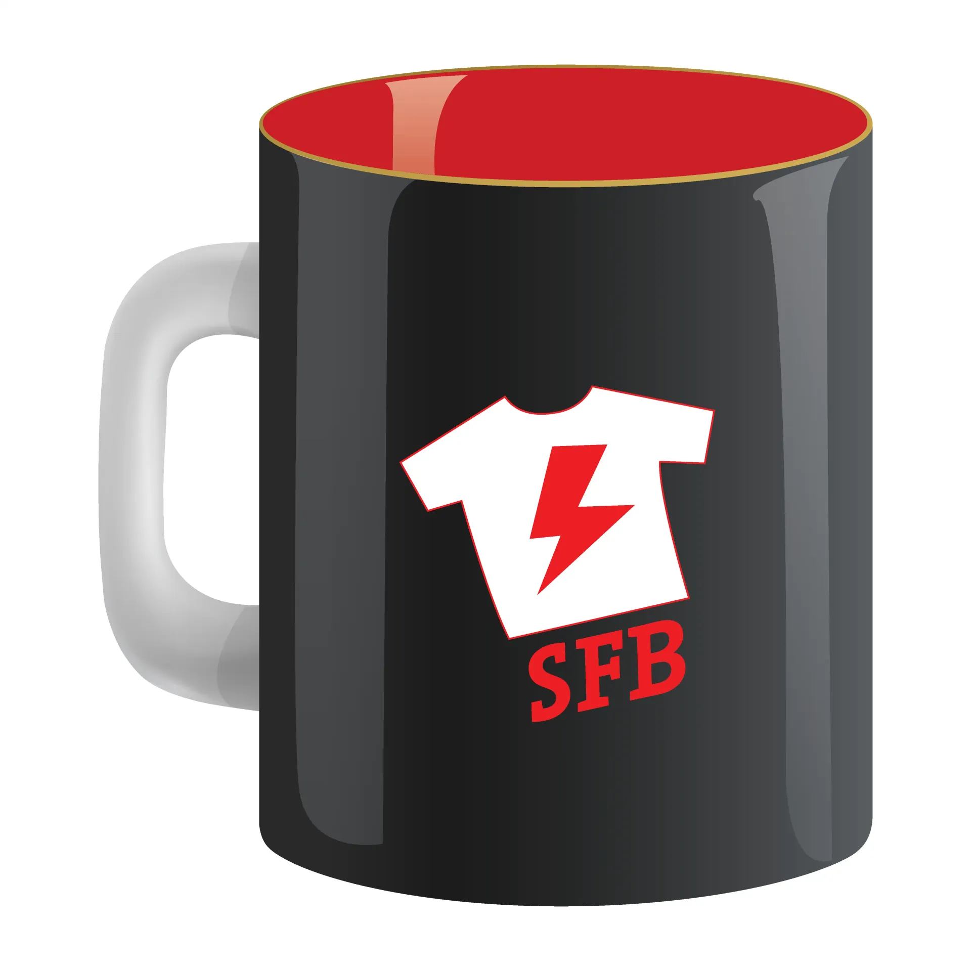 Mug noir à intérieur rouge, marqué du logo SFB