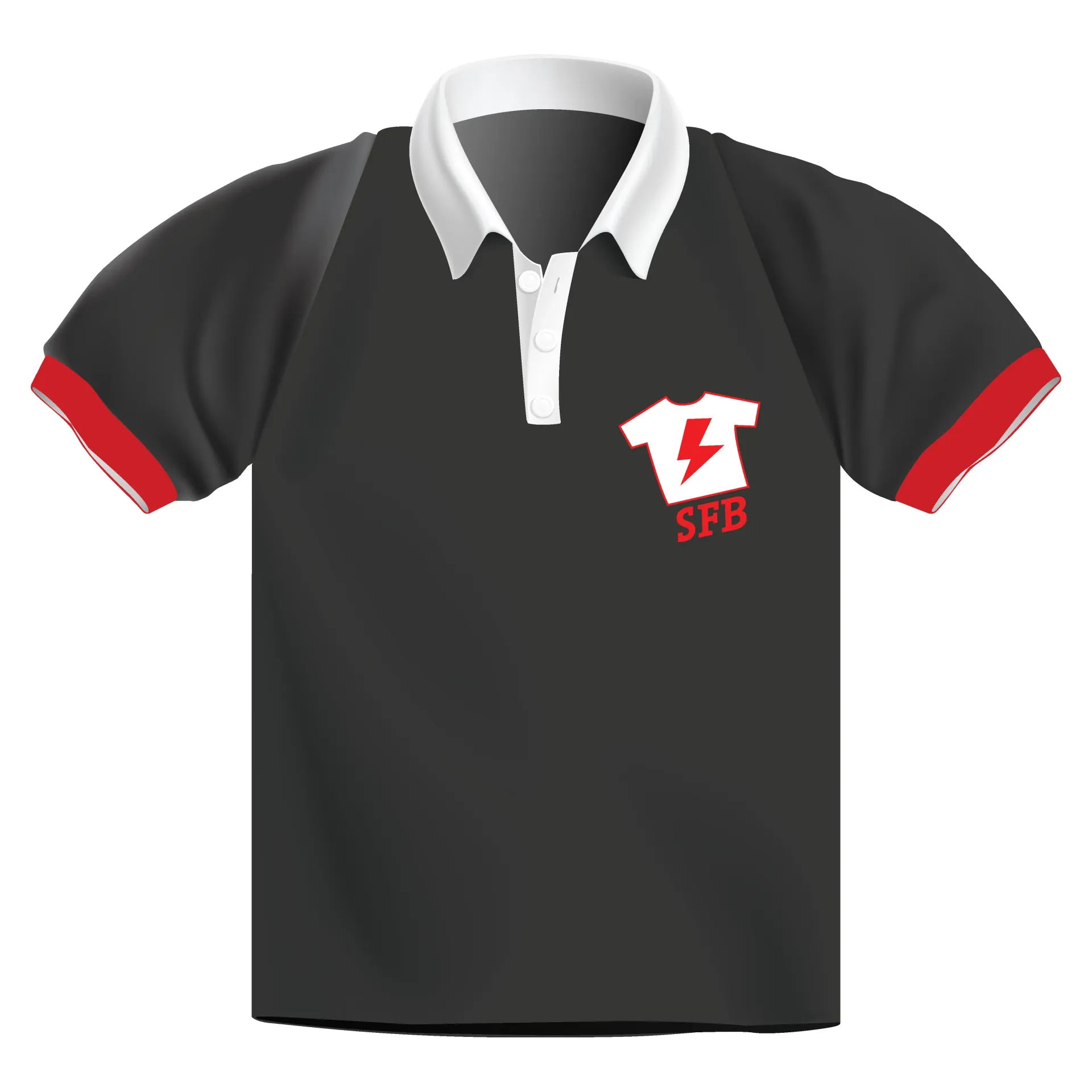 Polo noir à col blanc et manches liserées de rouge, marqué du logo SFB
