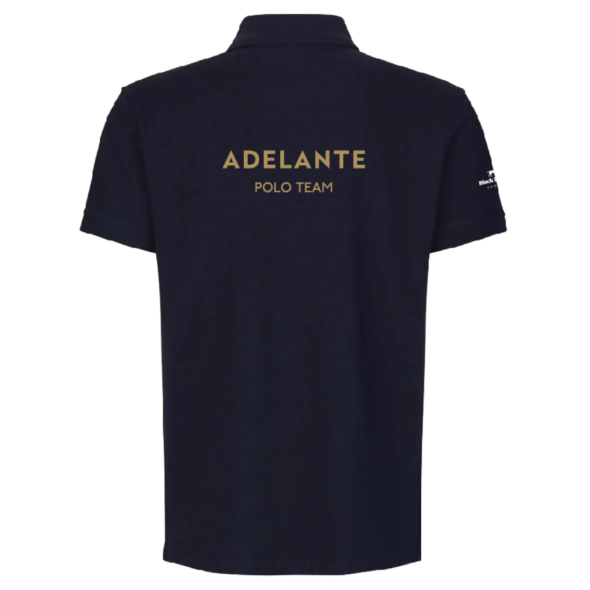 Polo bleu marine Adelante, logo « Adelante Polo Team » doré brodé au dos